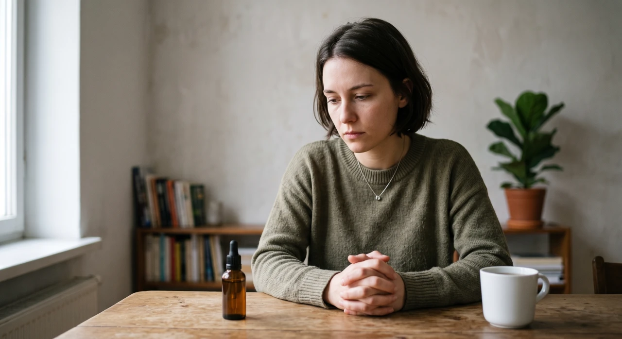 Vrouw aan tafel tijdens het stoppen met GHB, met een flesje voor zich.