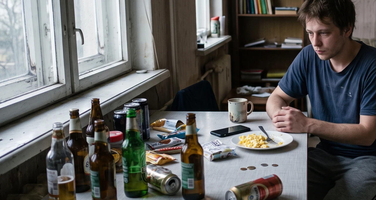 Jongeman zit alleen aan tafel tussen alcohol en lege verpakkingen.