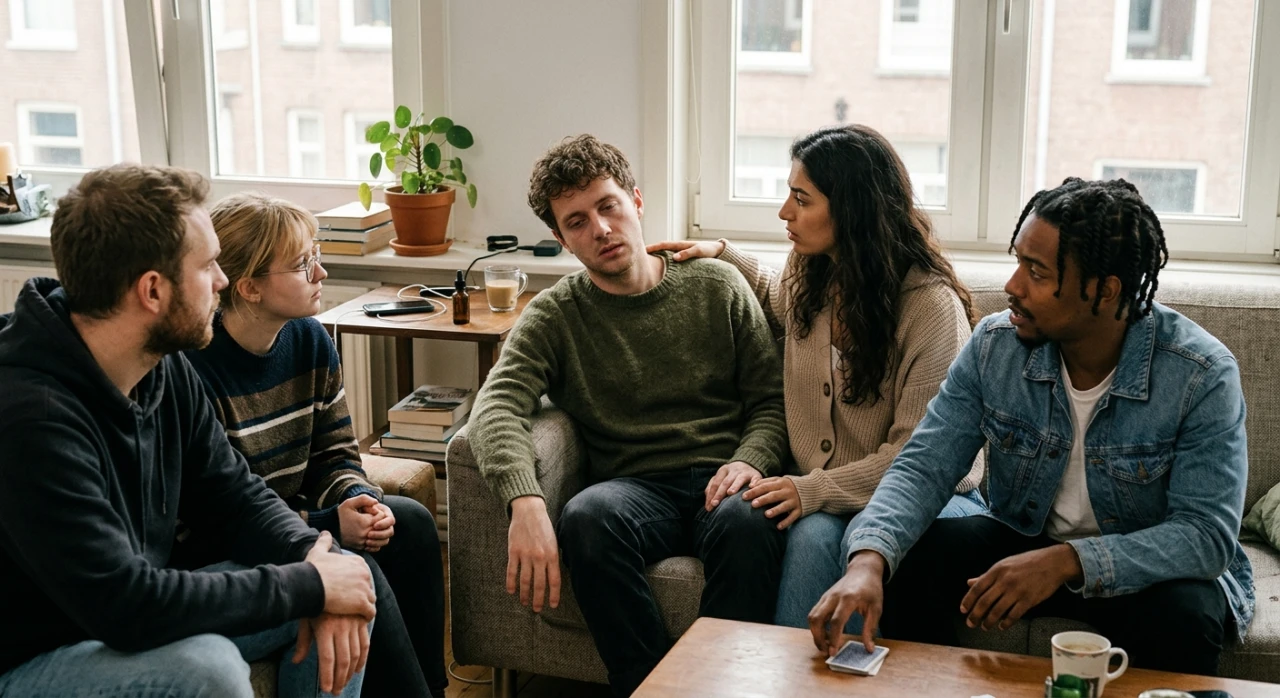 Vier mensen bespreken GHB-symptomen in een huiselijke setting.