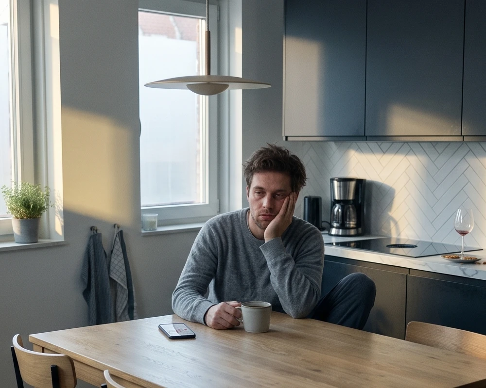 Man zit vermoeid aan tafel na een nacht slecht slapen door alcohol.