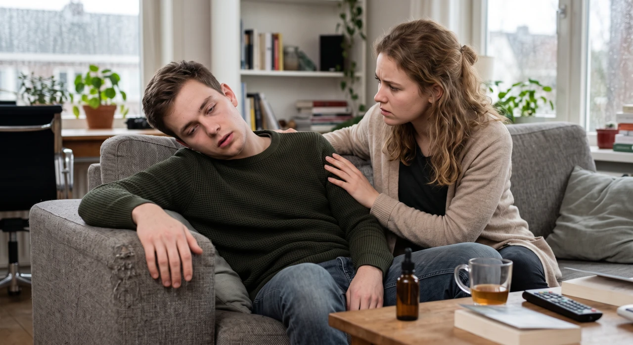 Jongeman oogt suf, terwijl een vrouw bezorgd naast hem zit.