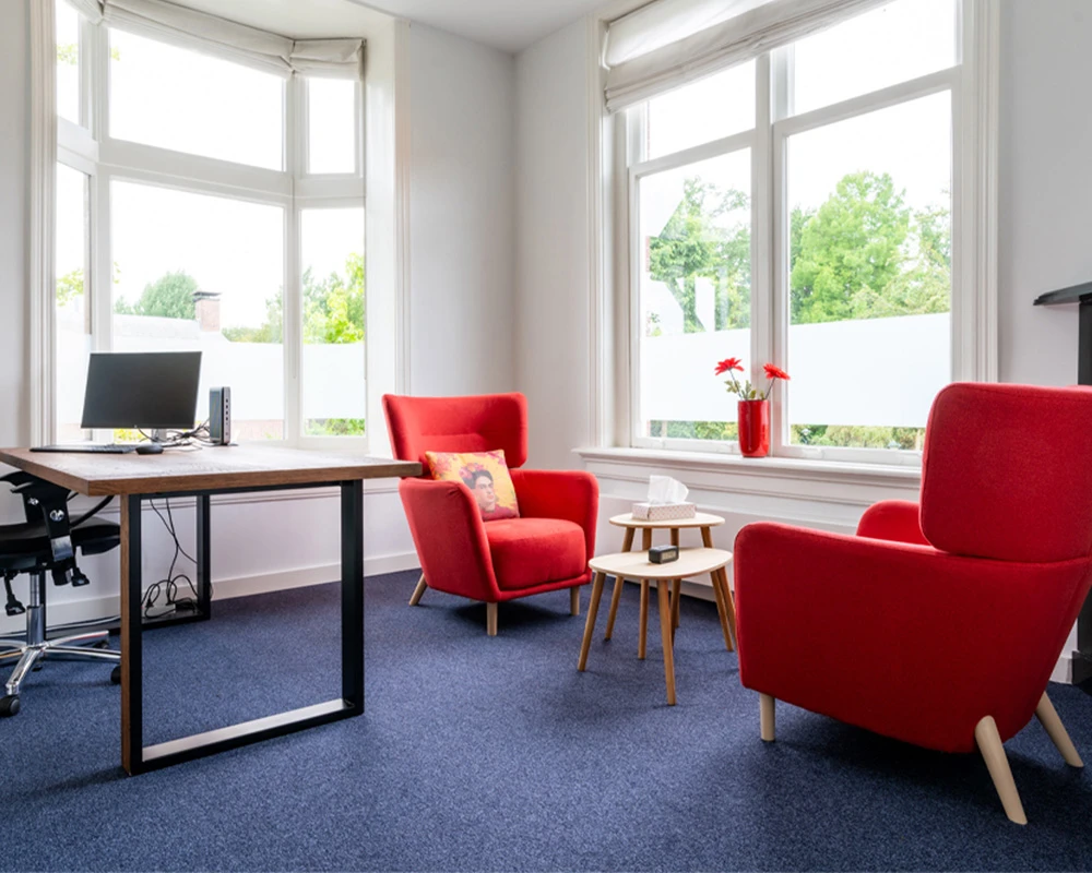 Lichte spreekkamer met bureau, twee rode fauteuils en grote ramen.