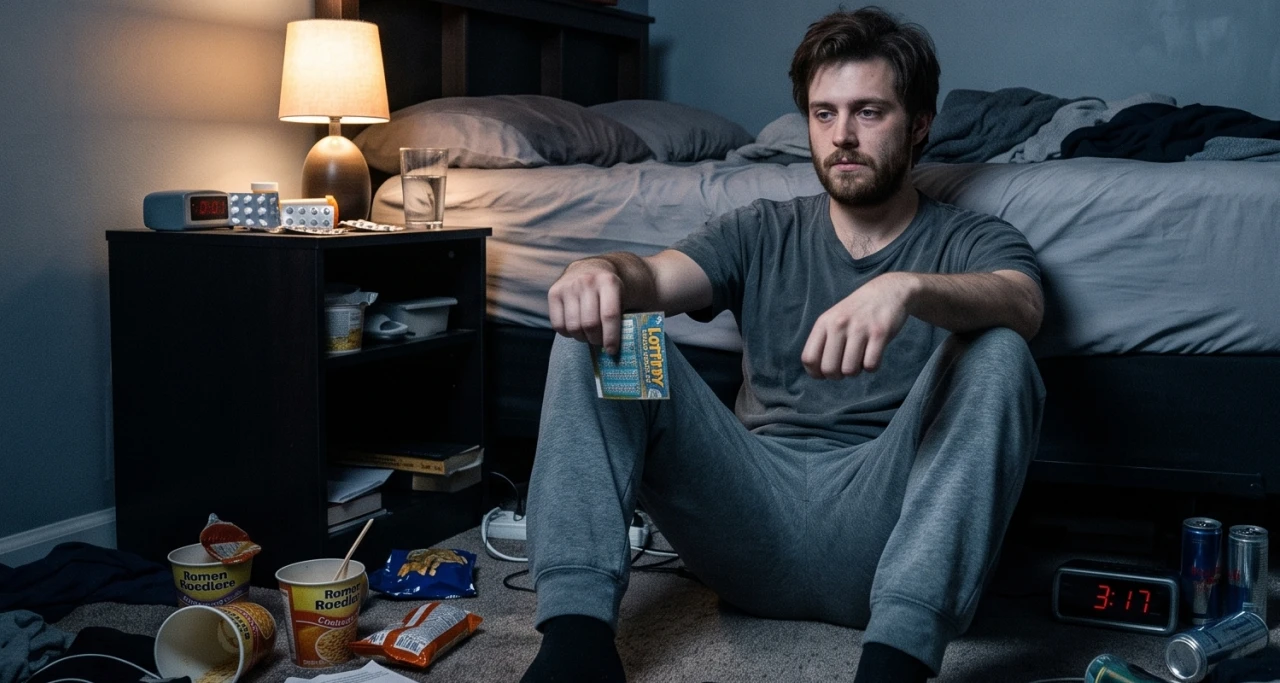 Een uitgeputte man zit alleen op de grond tussen eten, drank en rondslingerende spullen.